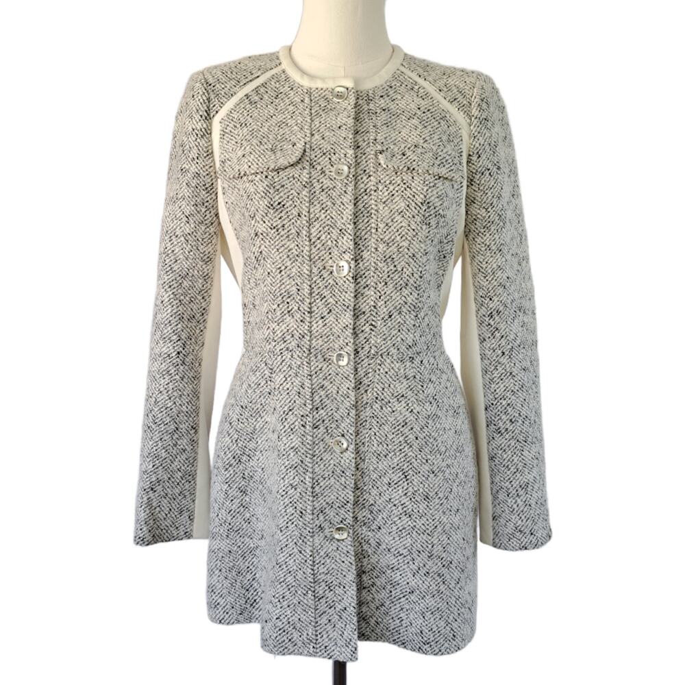 WHITE HOUSE BLACK MARKET Cream Gray Tweed Long Collarless Blazer Jacket 4 Petite